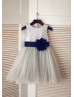 Silver Sequin Gray Tulle Curly Hem Knee Length Flower Girl Dress